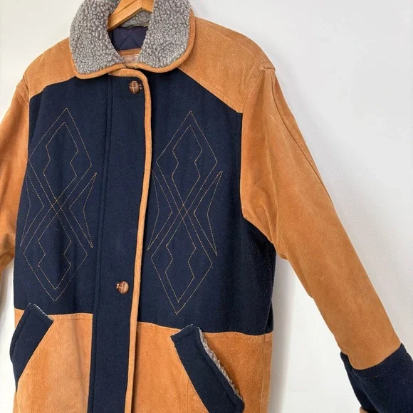 VTG Novelti 100% Leather Wool Tan Blue Insulated Ranch Jacket. Women Sz M - Picture 5 of 16